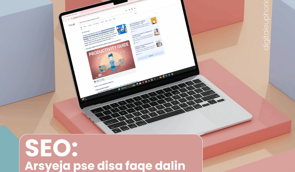 Laptop mbi një sipërfaqe me forma gjeometrike ngjyrë pastel, që shfaq rezultate të kërkimit në Google për 'Productivity Guide', me tekst informues për SEO: Arsyeja pse disa faqe dalin të parat në Google Search.