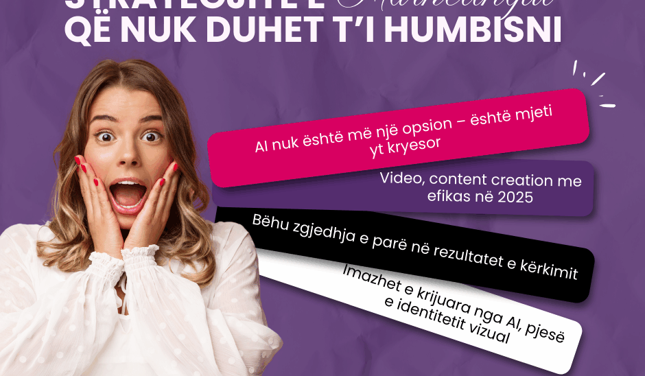 Një grua e habitur me sfond vjollcë, krahas mesazheve për strategjitë më të rëndësishme të marketingut në 2025: përdorimi i AI, video dhe përmbajtje efikase, SEO për dukshmëri, dhe imazhe të krijuara nga AI. Website i Digital Euphoria shfaqet në fund.