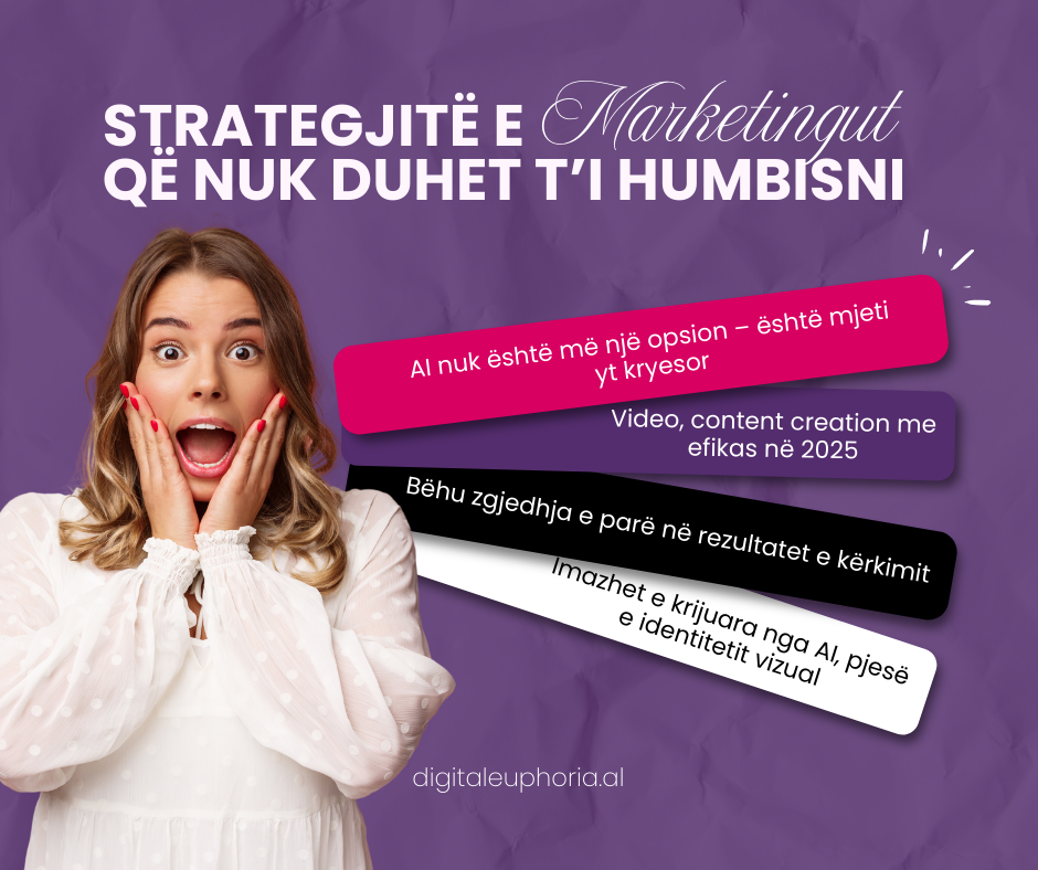 Një grua e habitur me sfond vjollcë, krahas mesazheve për strategjitë më të rëndësishme të marketingut në 2025: përdorimi i AI, video dhe përmbajtje efikase, SEO për dukshmëri, dhe imazhe të krijuara nga AI. Website i Digital Euphoria shfaqet në fund.